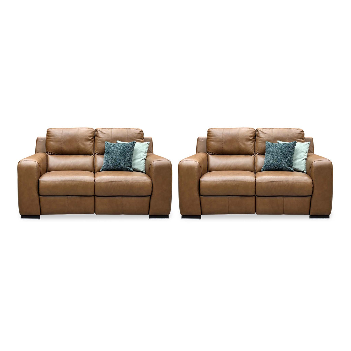 Front view of the Marinelli Viali bark brown leather 2 + 2 seater sofa set with both sofas upright