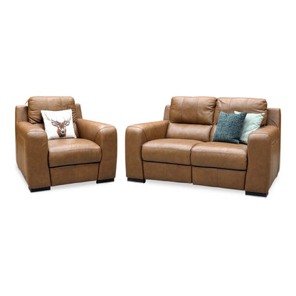 Angled view of the Marinelli Viali bark brown leather chair and 2 seater power recliner sofa upright, chair on the left