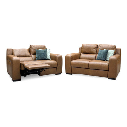 Marinelli Viali bark brown leather 2 + 2 seater sofa set, angled view with one seat power reclined