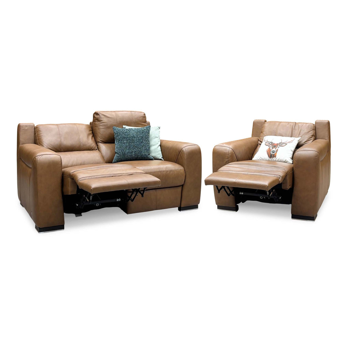 Marinelli Viali bark brown leather 2 seater power recliner sofa and chair both reclined with footrests raised
