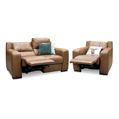 Marinelli Viali bark brown leather 2 seater power recliner sofa and chair both reclined with footrests raised