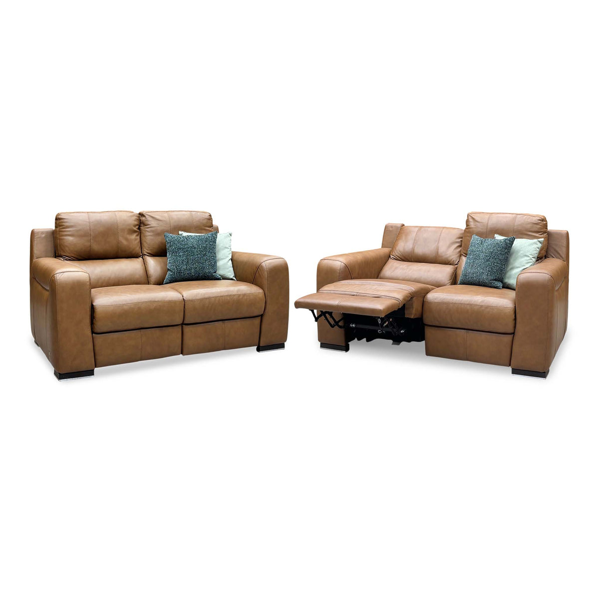Viali bark brown leather 2 seater sofa pair with the right hand sofa seat reclined and footrest raised