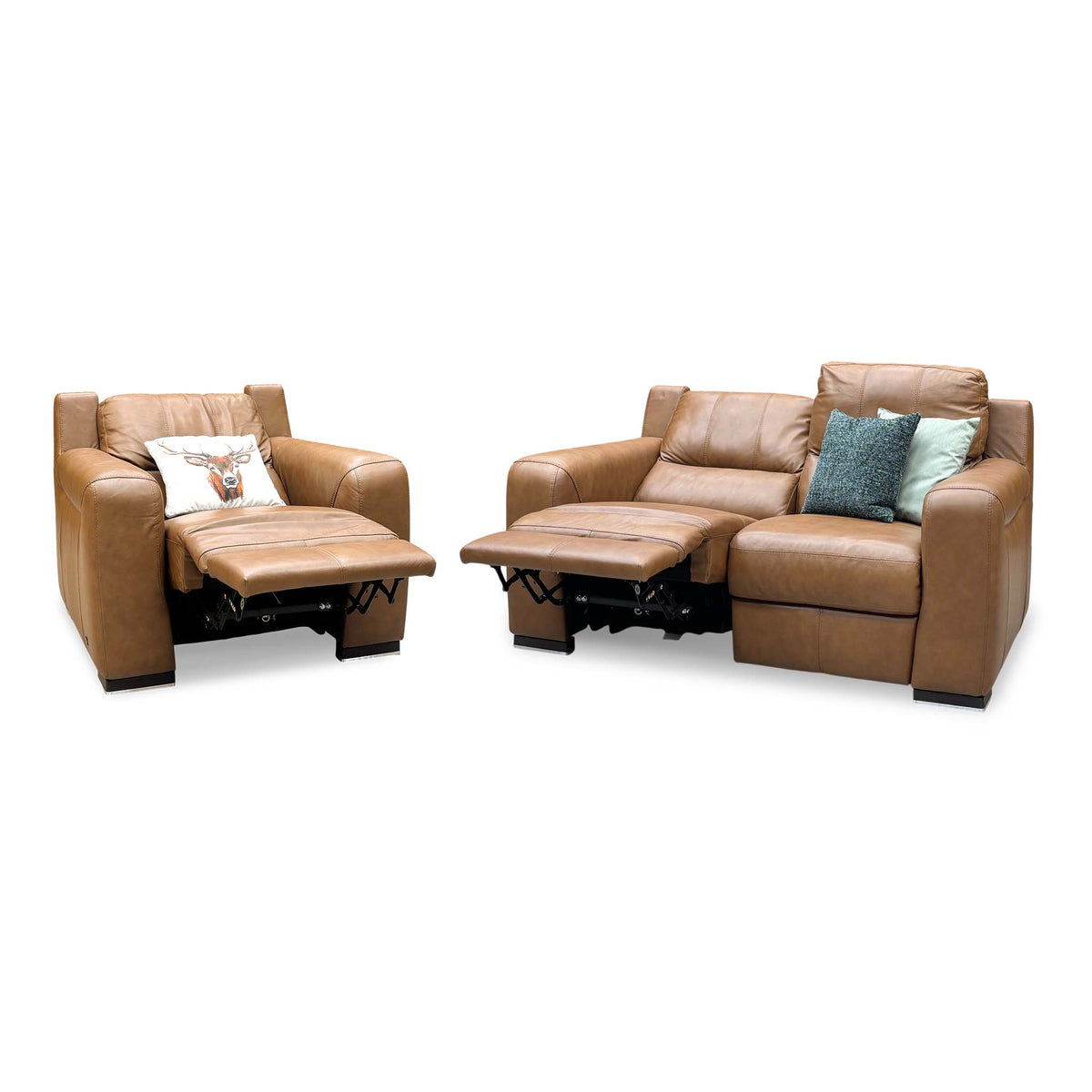 Marinelli Viali bark brown leather chair and 2 seater sofa both reclined with footrests raised, chair on the left