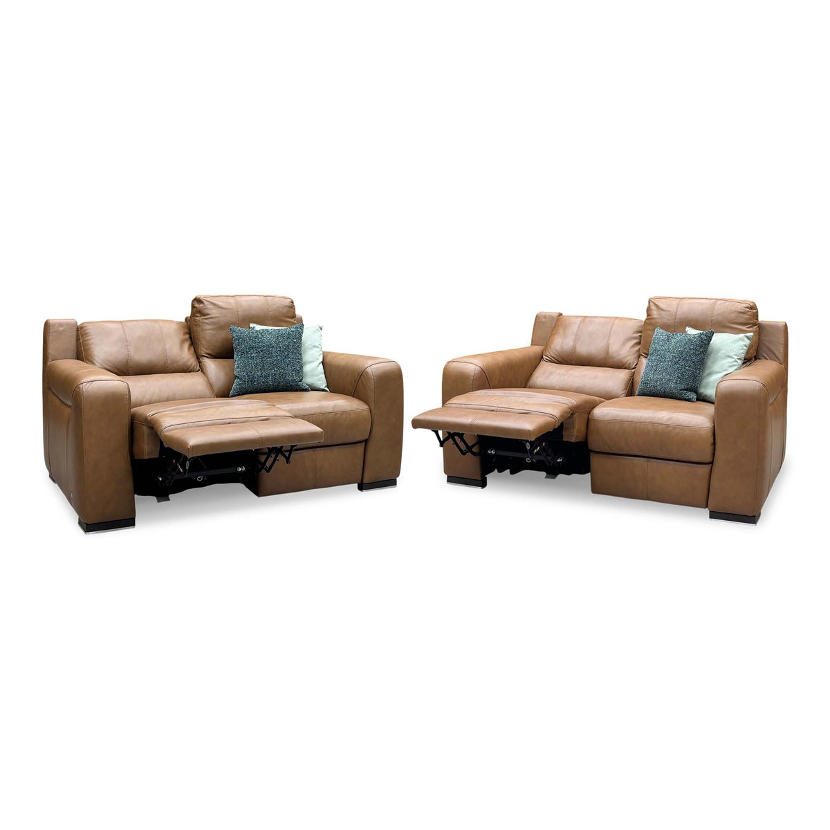 Viali bark brown leather 2 + 2 seater set with both sofas showing a power reclined seat