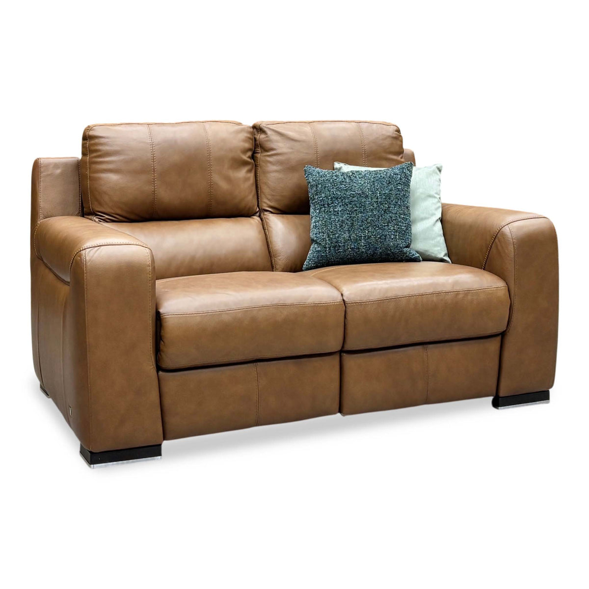 Marinelli Viali bark brown leather 2 seater power recliner sofa upright, angled view with teal scatter cushions