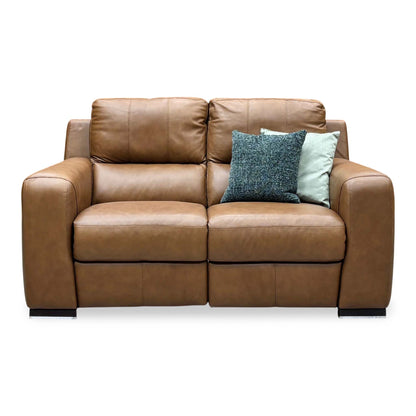 Front view of the Marinelli Viali bark brown leather 2 seater recliner sofa with wide square arms and dark feet