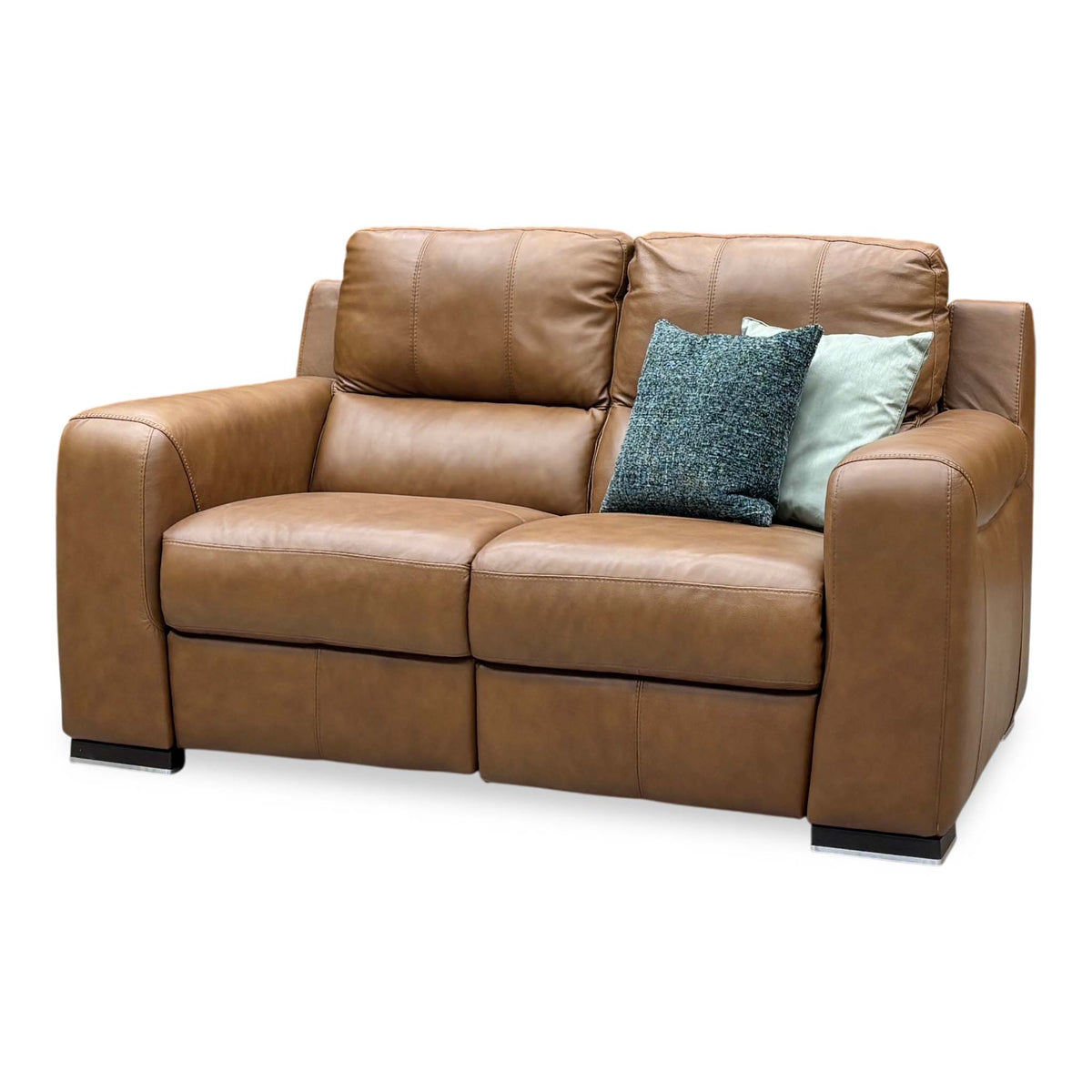 Side angle of the Marinelli Viali bark brown leather 2 seater sofa from the right showing the deep padded arm