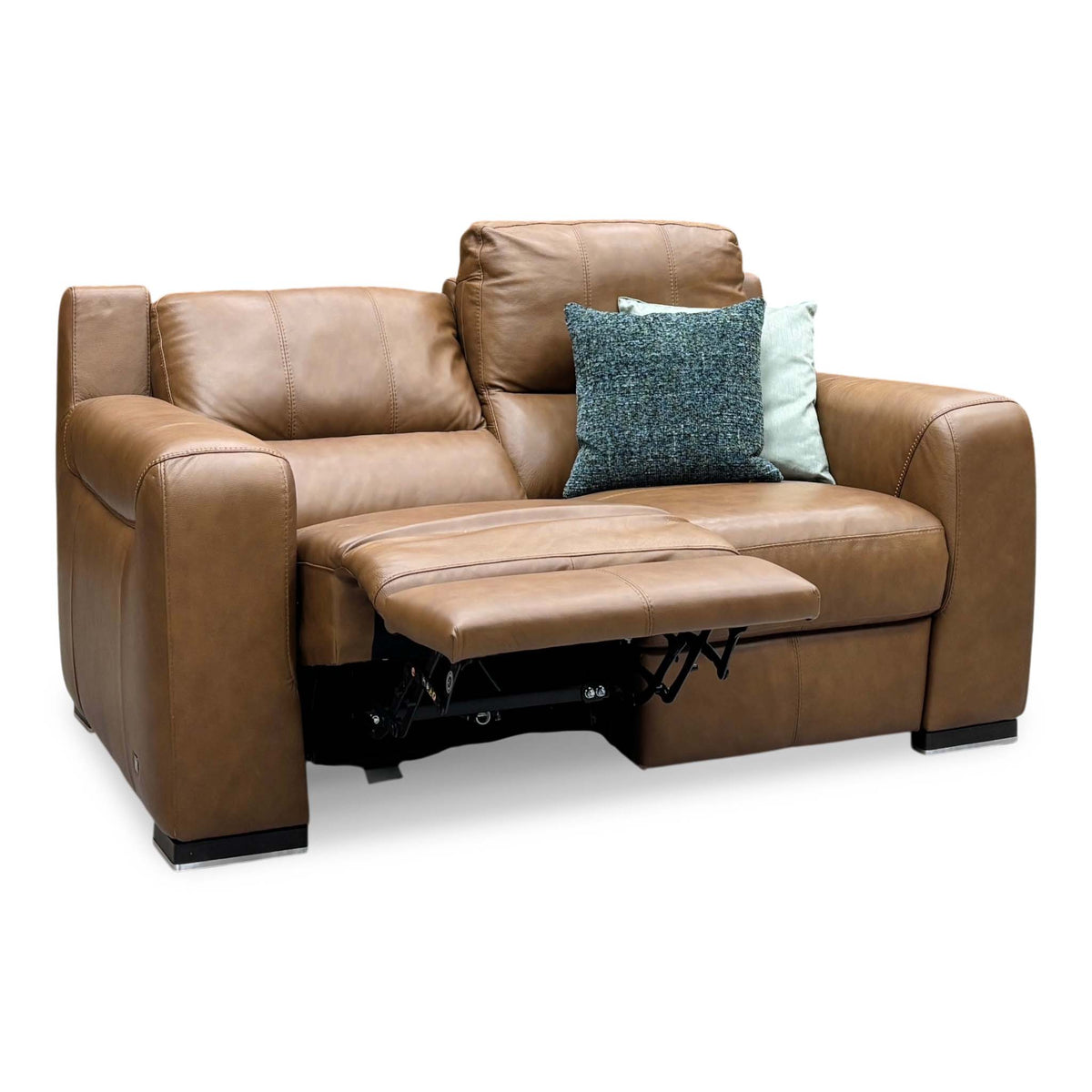 Marinelli Viali bark brown leather 2 seater power recliner sofa with both footrests raised, angled view