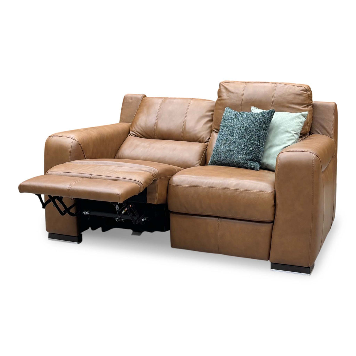 Marinelli Viali bark brown leather 2 seater sofa with the left seat reclined and footrest raised