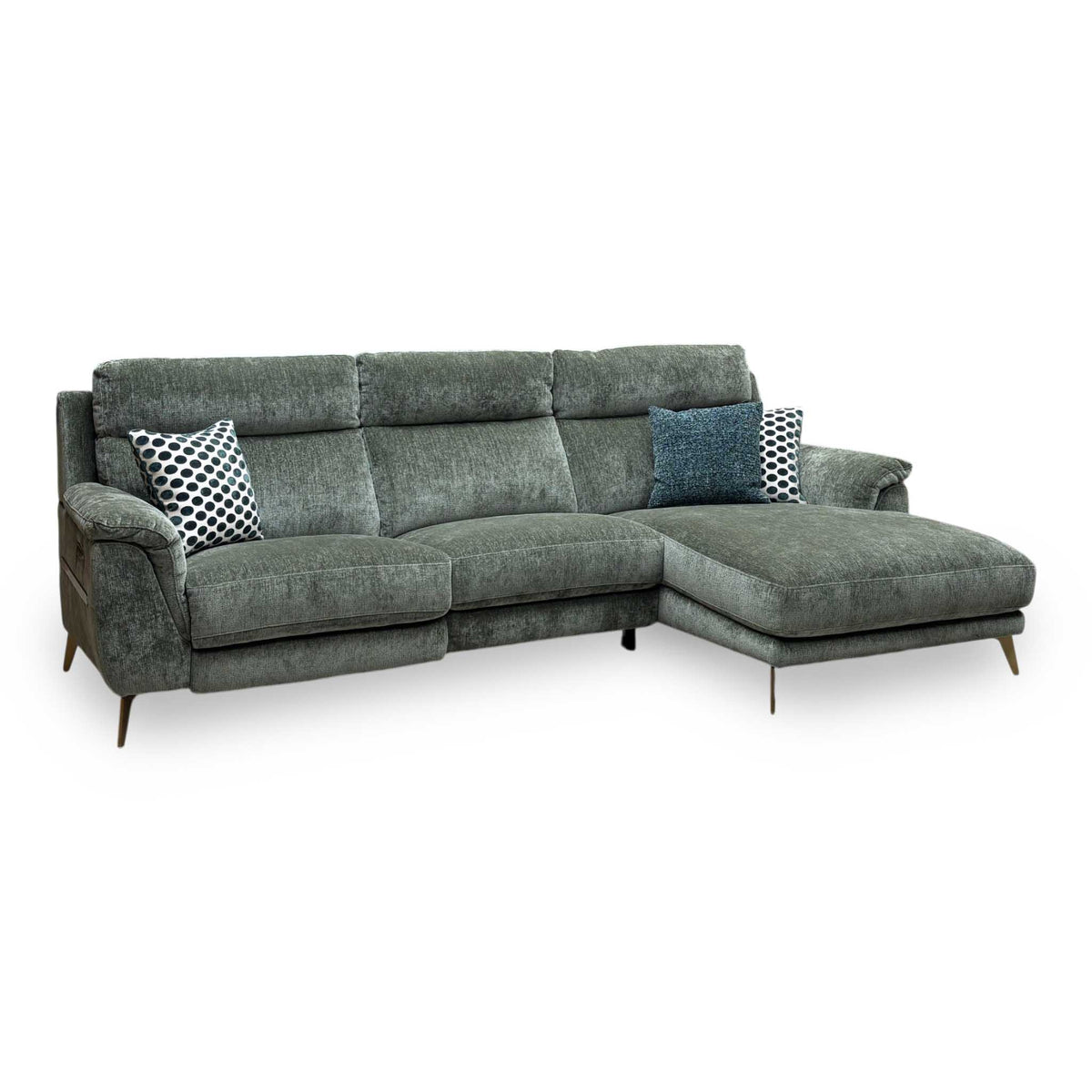 ‘Eclipse’ Fab-Crn-R353 Forest Green Br Chenille Fabric Power Recliner Right Hand Facing Corner Sofa with Power Headrests