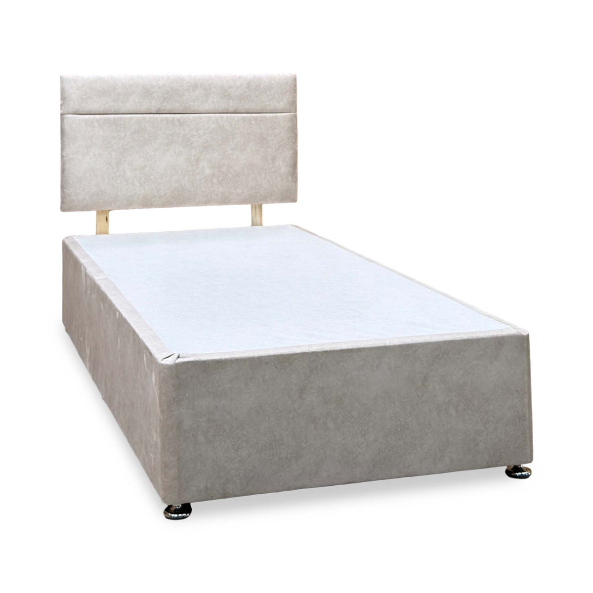 Alfie beige velvet single divan base and headboard, angled view with no drawers and chrome glide feet