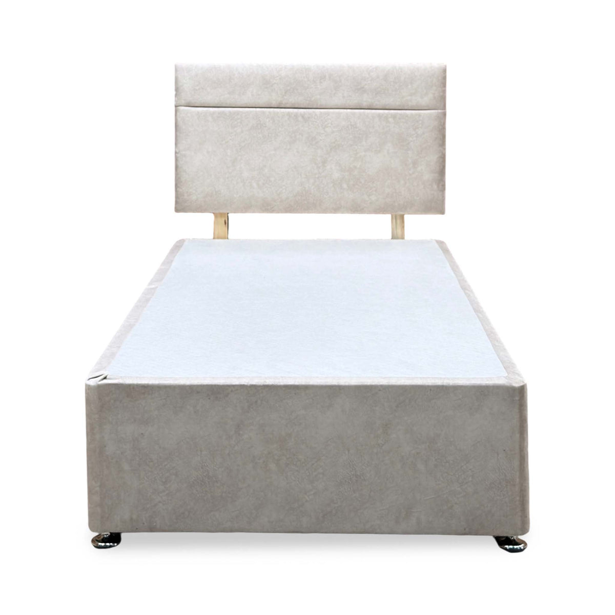 Front view of the Alfie beige velvet single divan base with the lined headboard fitted