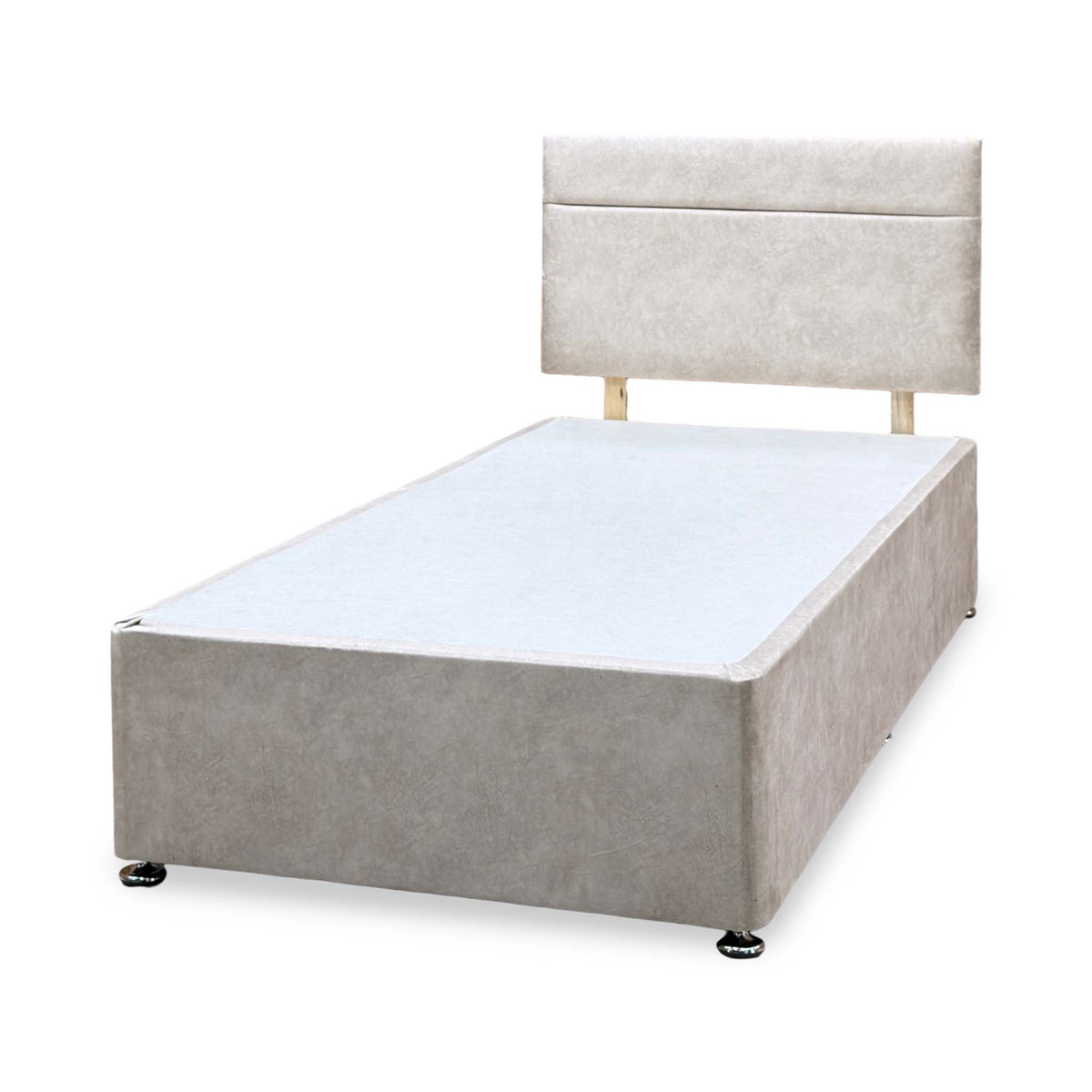 Alfie beige velvet single divan base and headboard angled from the right