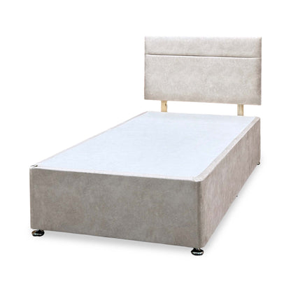 Alfie beige velvet single divan base and headboard angled from the right