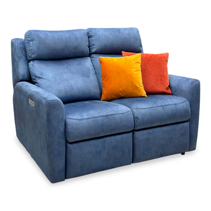G Plan Wren indigo velvet 2 seater recliner sofa upright, angled view from the left showing the side control panel