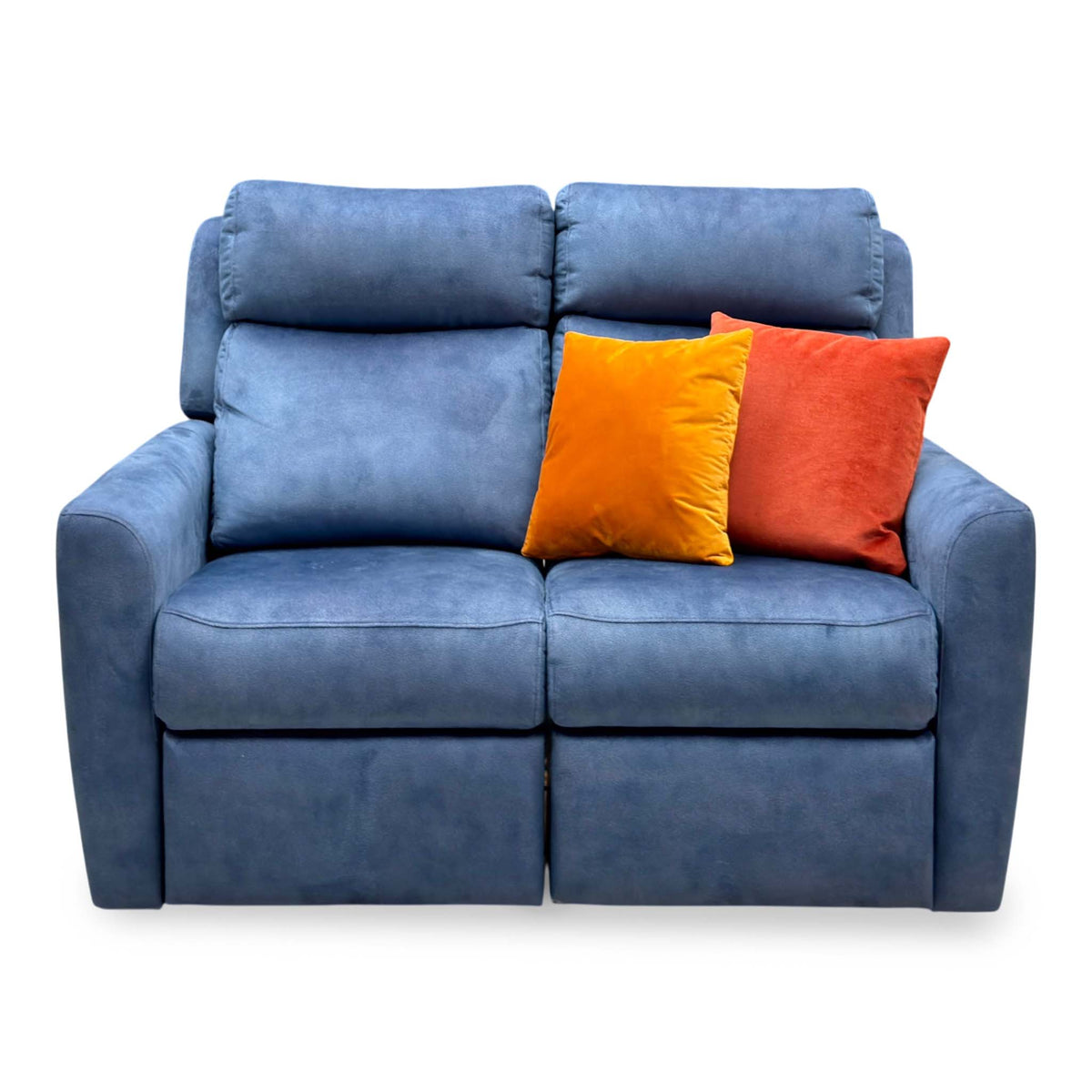 Front view of the G Plan Wren indigo velvet 2 seater sofa with high padded headrests and two orange cushions