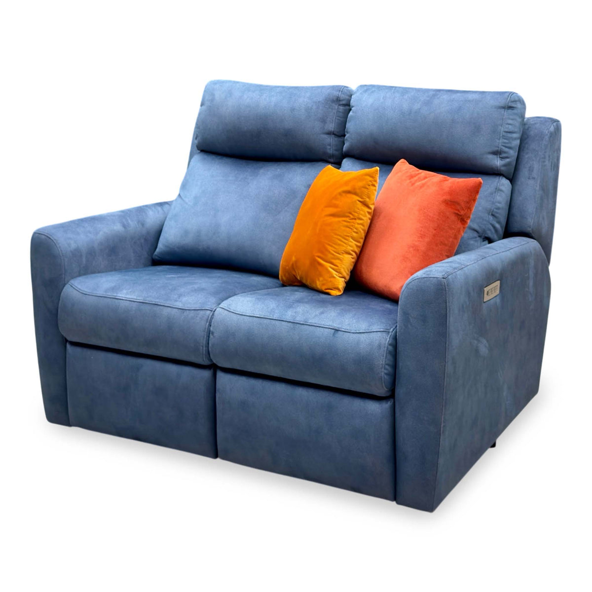 G Plan Wren indigo velvet 2 seater recliner sofa upright, angled view from the right