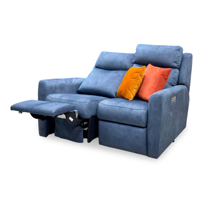 Side angle of the G Plan Wren indigo velvet recliner sofa with the left seat fully reclined and footrest extended