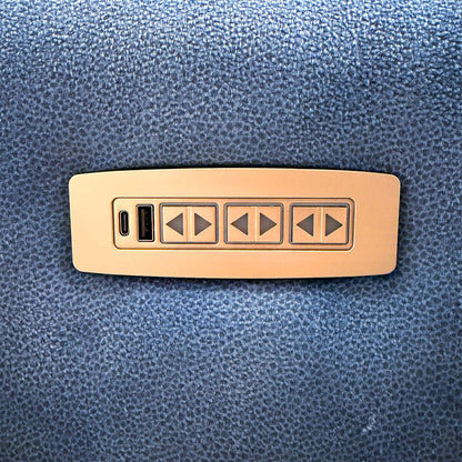 Close-up of the G Plan Wren sofa metal control panel with three recline switches and USB and USB-C ports