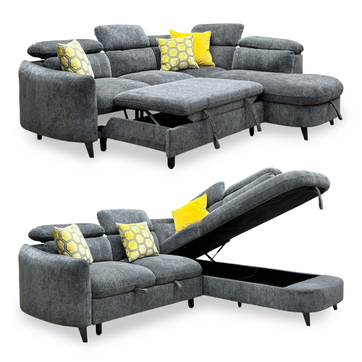 Snooze charcoal grey chenille corner sofa bed shown with the bed pulled out and with the chaise storage open