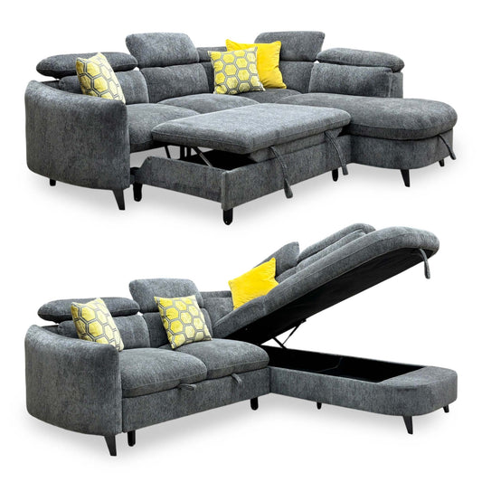 Snooze charcoal grey chenille corner sofa bed shown with the bed pulled out and with the chaise storage open