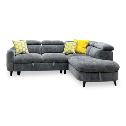 Front view of the Snooze charcoal grey chenille right hand facing corner sofa bed with chaise end