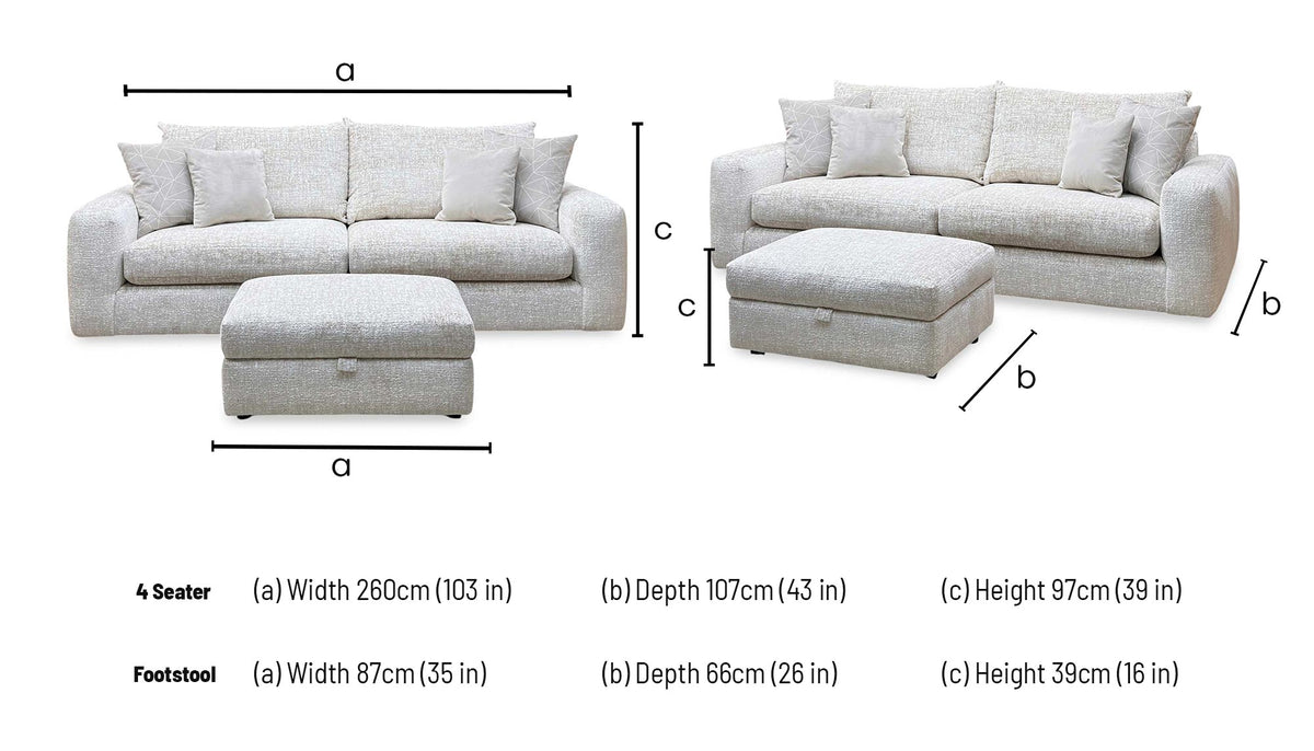 'Pandora' Chevron Ivory White Fabric 4 Seater Split Frame Sofa + Large Storage Footstool