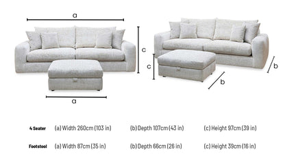 'Pandora' Chevron Ivory White Fabric 4 Seater Split Frame Sofa + Large Storage Footstool