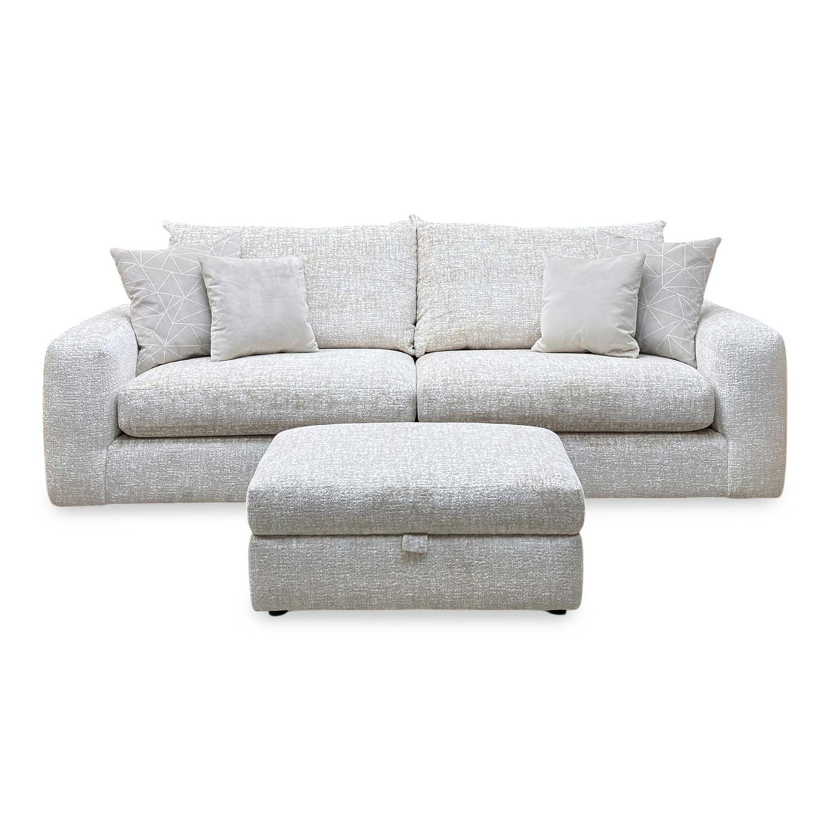 'Pandora' Chevron Ivory White Fabric 4 Seater Split Frame Sofa + Large Storage Footstool