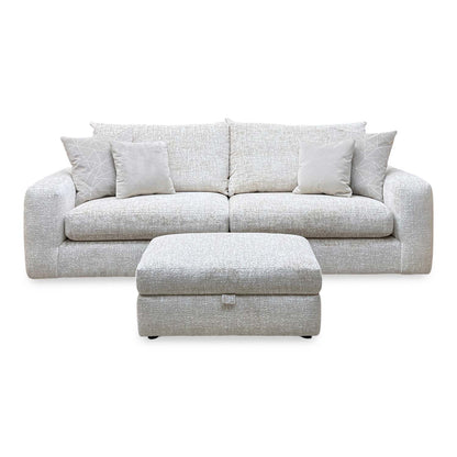 'Pandora' Chevron Ivory White Fabric 4 Seater Split Frame Sofa + Large Storage Footstool