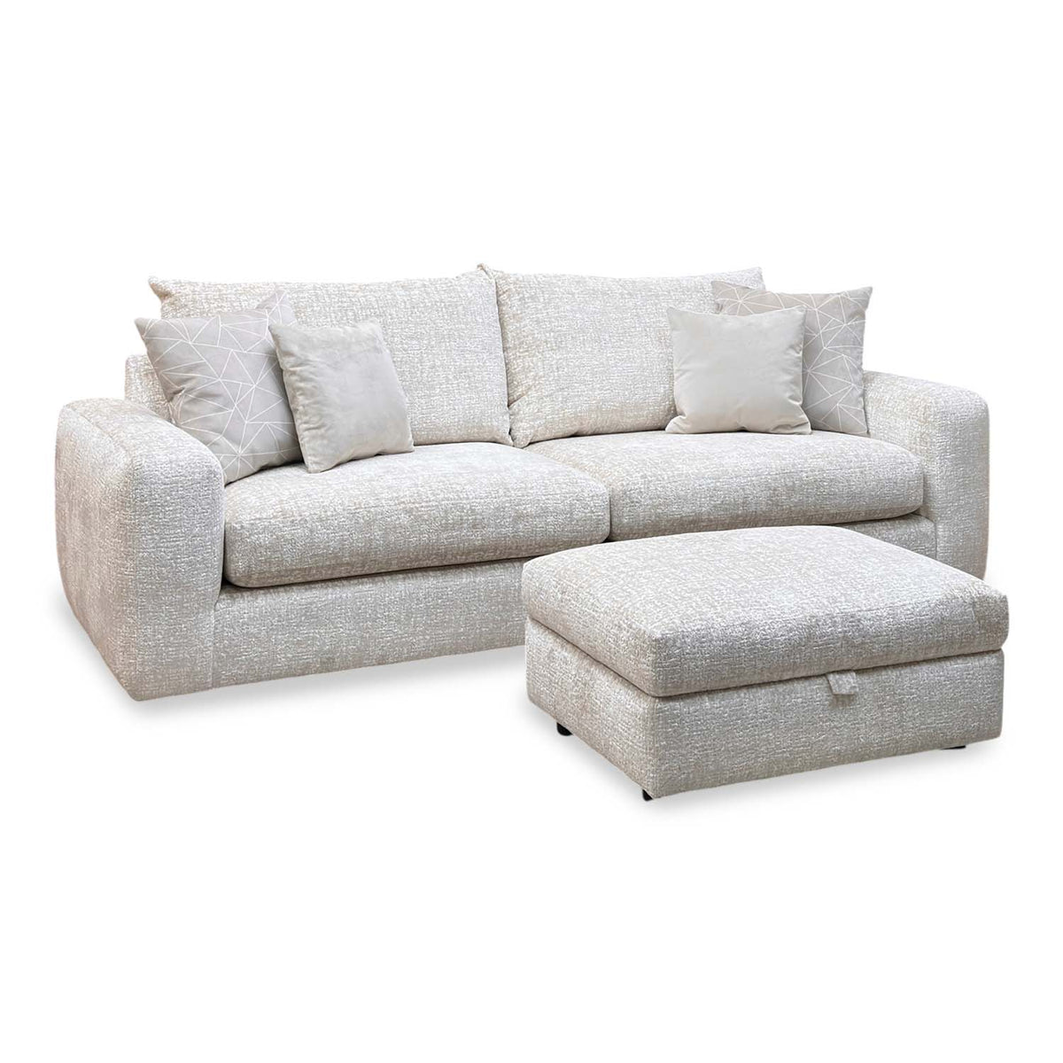 'Pandora' Chevron Ivory White Fabric 4 Seater Split Frame Sofa + Large Storage Footstool