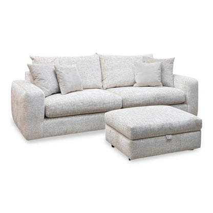 'Pandora' Chevron Ivory White Fabric 4 Seater Split Frame Sofa + Large Storage Footstool