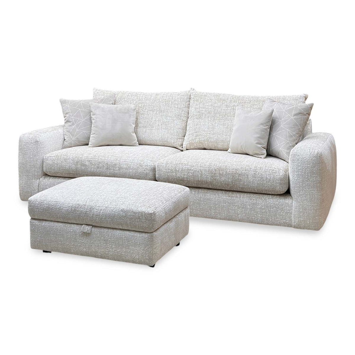 'Pandora' Chevron Ivory White Fabric 4 Seater Split Frame Sofa + Large Storage Footstool