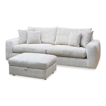 'Pandora' Chevron Ivory White Fabric 4 Seater Split Frame Sofa + Large Storage Footstool