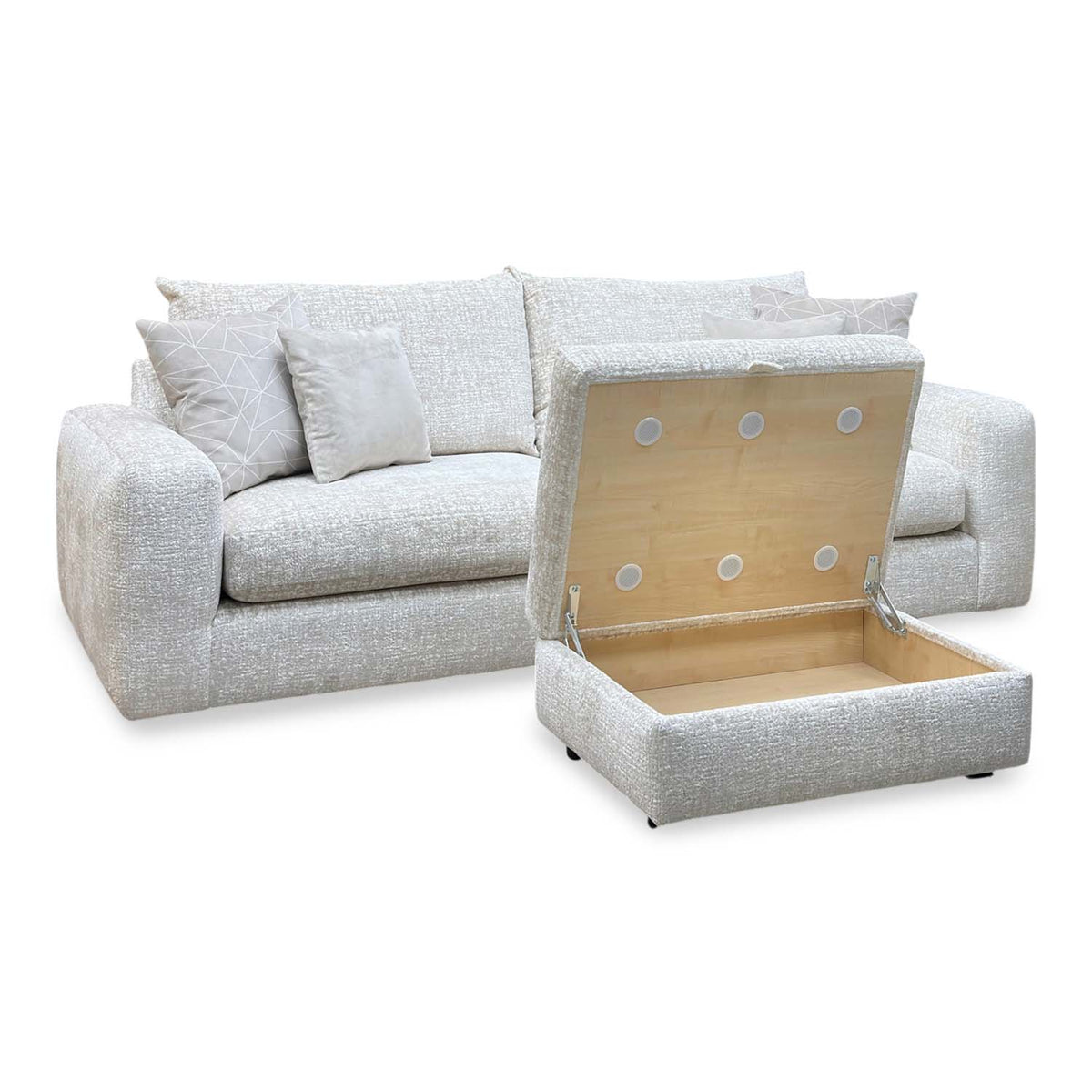 'Pandora' Chevron Ivory White Fabric 4 Seater Split Frame Sofa + Large Storage Footstool