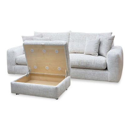 'Pandora' Chevron Ivory White Fabric 4 Seater Split Frame Sofa + Large Storage Footstool