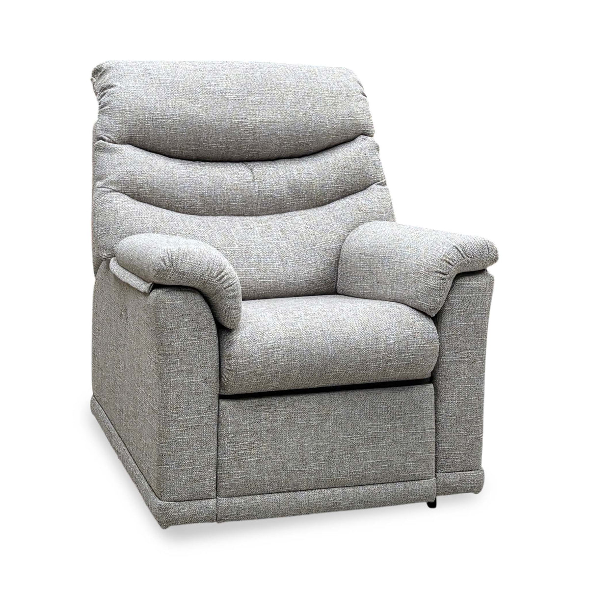 G Plan Malvern oatmeal woven fabric recliner chair, angled view upright showing the padded arms
