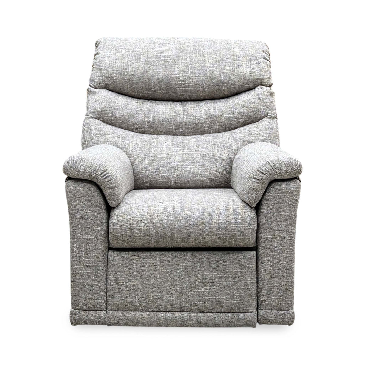 Front view of the G Plan Malvern oatmeal woven fabric power recliner chair with its channelled back cushion