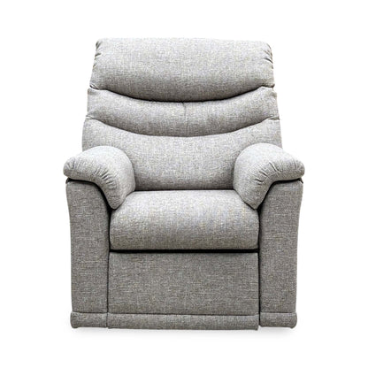 Front view of the G Plan Malvern oatmeal woven fabric power recliner chair with its channelled back cushion