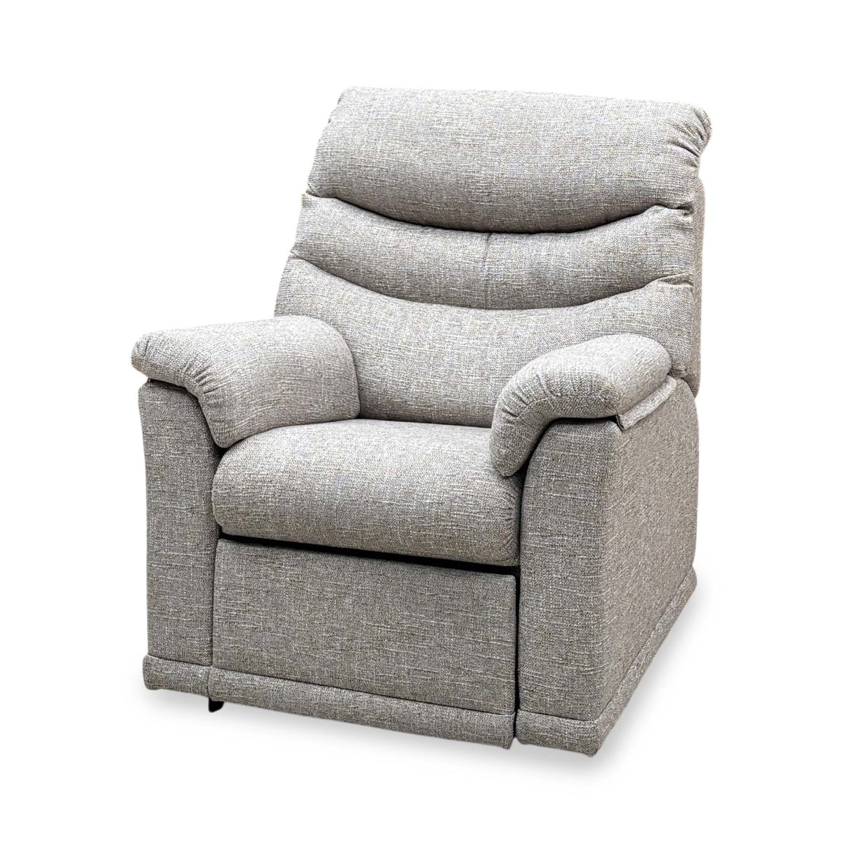 G Plan Malvern oatmeal woven fabric recliner chair, angled view from the opposite side, upright