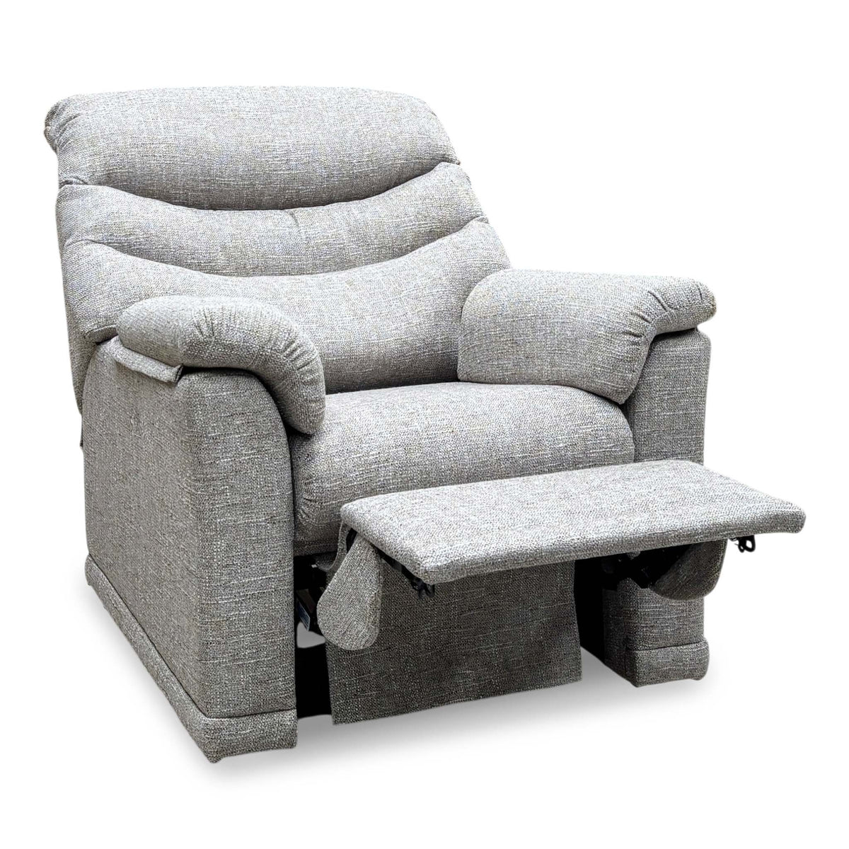 G Plan Malvern oatmeal woven fabric power recliner chair, angled view in the reclined position with footrest raised