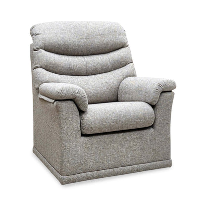 G Plan Malvern oatmeal woven fabric chair, angled view showing the channelled back cushion and padded arms