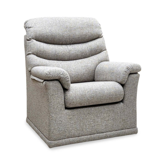 G Plan Malvern oatmeal woven fabric chair, angled view showing the channelled back cushion and padded arms
