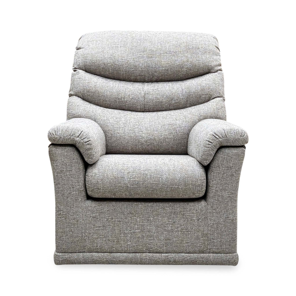 Front view of the G Plan Malvern oatmeal woven fabric chair with a tiered back and deep seat cushion