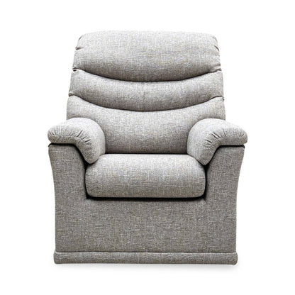 Front view of the G Plan Malvern oatmeal woven fabric chair with a tiered back and deep seat cushion