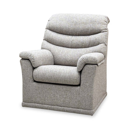 G Plan Malvern oatmeal woven fabric chair angled from the right with a high channelled back