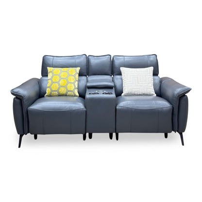 Front view of the Jude lavender grey leather 2 seater power recliner with central console and cup holders