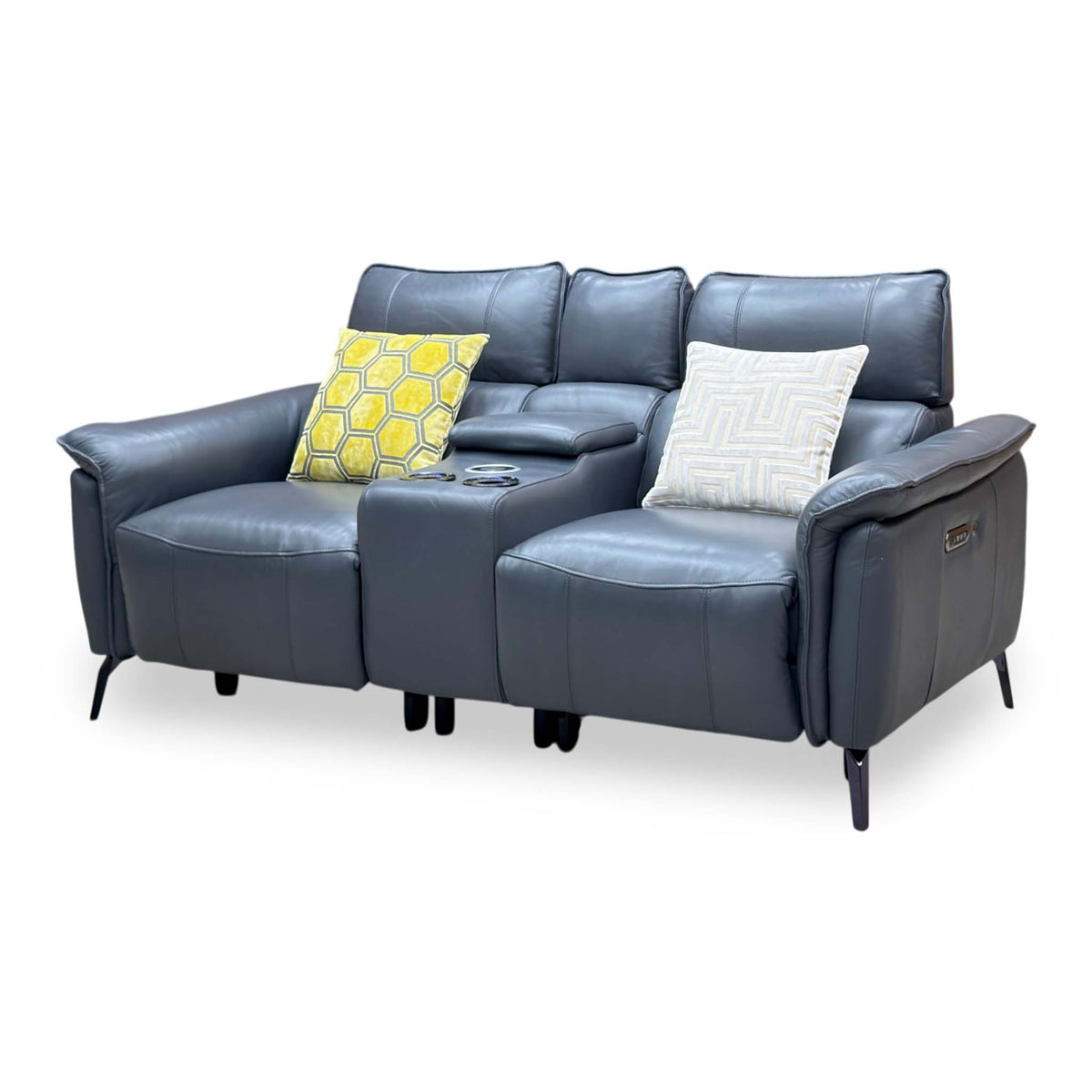 Side angle of the Jude lavender grey leather 2 seater recliner showing the arm control panel and tapered legs