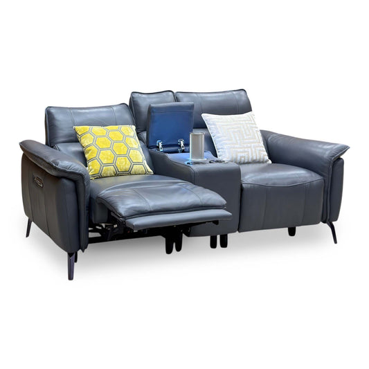 Jude lavender grey leather 2 seater power recliner, left seat reclined with the smart console lid open