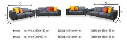 Elphaba sofa set dimensions: 3 seater width 227cm, 2 seater width 179cm, both depth 104cm, height 83cm
